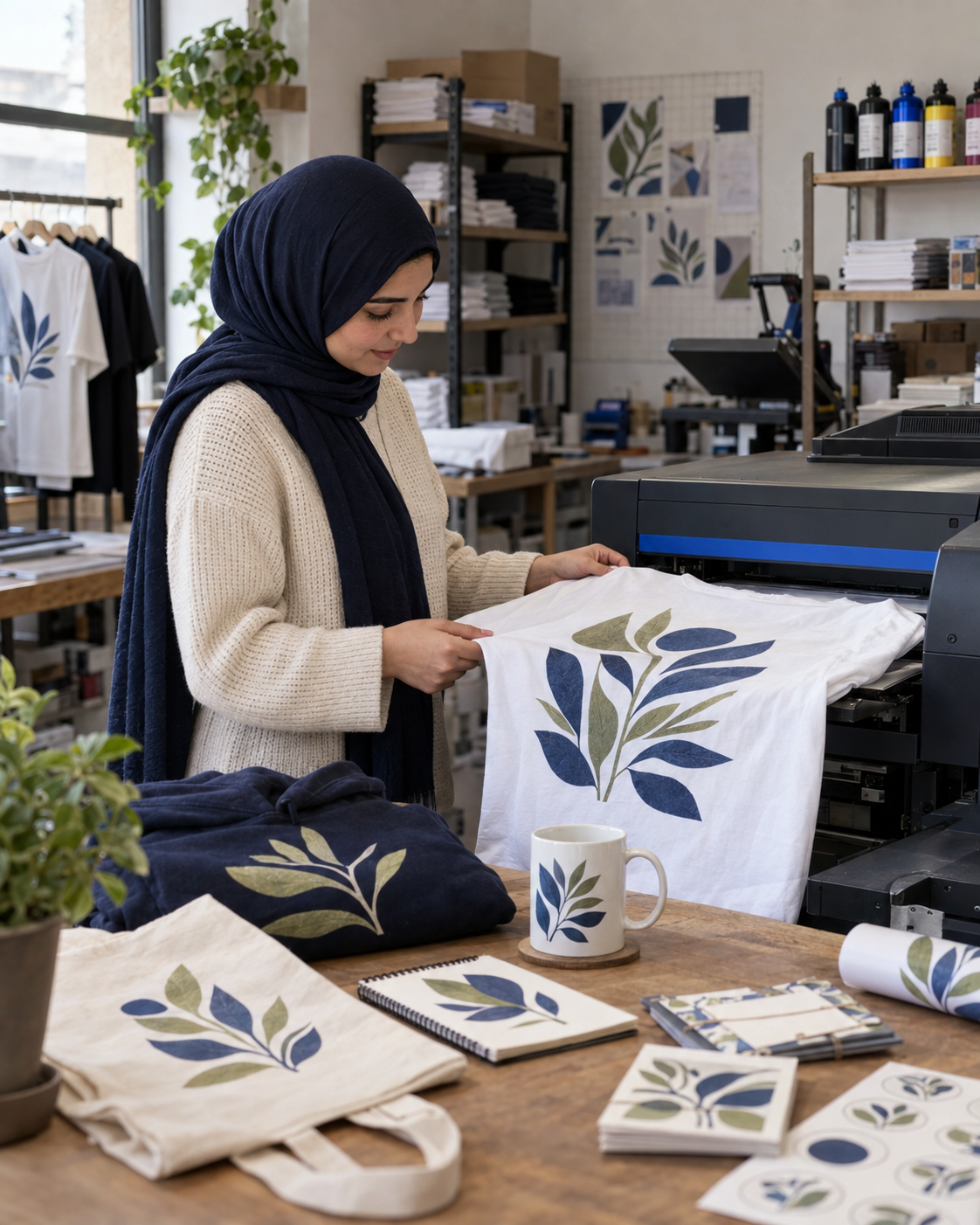 موظفة في مطبعة حديثة تتفقد قميصاً مطبوعاً بجانب مجموعة من منتجات PalPrints